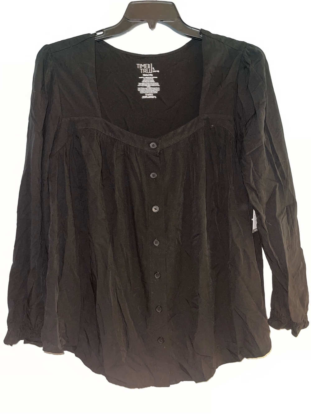 Time and Tru Maternity Square Neck Button Front Blouse Black. Size Large